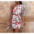 One-sleeve Floral Print Mini Dress