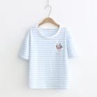 Short-sleeve Flamingo Embroidered Striped T-shirt