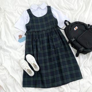 Short-sleeve Plain Shirt / Plaid Jumper Dress