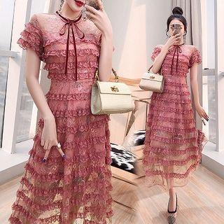 Ruffled Short-sleeve Midi A-line Lace Dress