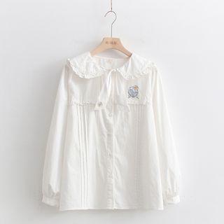 Puff-sleeve Cartoon Embroidered Blouse White - One Size