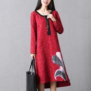 Printed Jacquard Long Sleeve Midi Dress