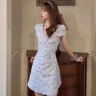 Short-sleeve Floral Print A-line Dress Light Blue - One Size