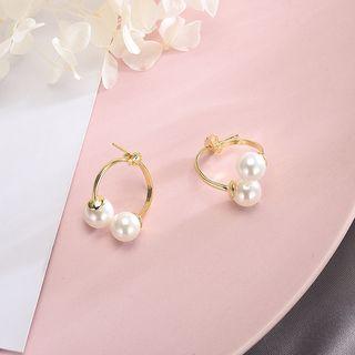 925 Sterling Faux Pearl Hoop Earring 1 Pair - Es636 - Gold - One Size
