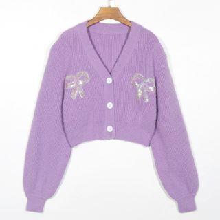 Bow Cropped Cardigan Purple - One Size