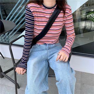 Striped Long-sleeve Slim-fit Top Stripe - One Size