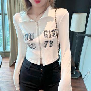 Long-sleeve Lettering Zipped Cropped T-shirt