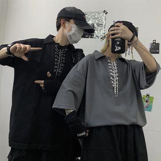 Collared Lace Up Elbow-sleeve T-shirt