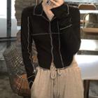 Cropped Polo Collar Color-block Top As Shown In Figure - One Size