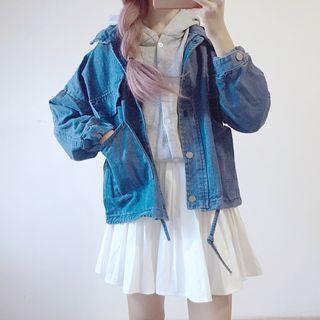 Set : Frill Trim Hooded Denim Jacket + Plain Long-sleeve Sweatshirt