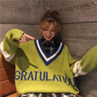 Letter Print V-neck Oversized Sweater Green - One Size