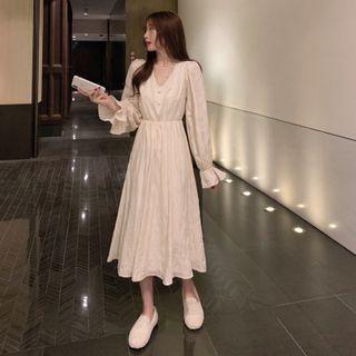 Mesh Trim V-neck Long Sleeve Dress