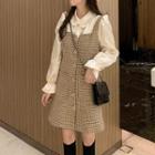 Mock Two-piece Long-sleeve Dress / Cable-knit Cardigan
