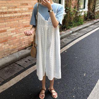 Set: Short-sleeve Top + Spaghetti Strap Lace A-line Midi Dress
