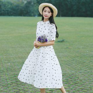 Elbow-sleeve Pleated Midi Dress