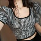 Houndstooth Puff-sleeve Cropped T-shirt