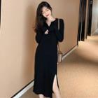 Side-slit Long-sleeve Midi Knit Collared Dress