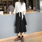 Long-sleeve Tie-waist T-shirt / Midi A-line Tiered Skirt