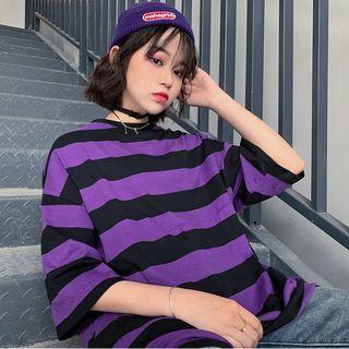 Striped Elbow-sleeve Oversize T-shirt Purple - One Size