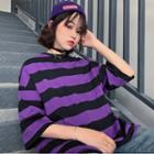Striped Elbow-sleeve Oversize T-shirt Purple - One Size