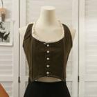 Lace-panel Button-up Crop Tank Top Coffee - One Size