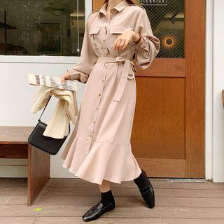 Flap-pocket Front Shirtdress With Belt
