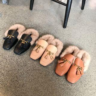 Square-toe Furry-trim Mules