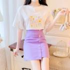 Flower Print Elbow-sleeve T-shirt / Mini Pencil Skirt / Set