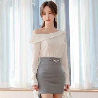 Set: Off-shoulder Long-sleeve Top + Mini Sheath Skirt