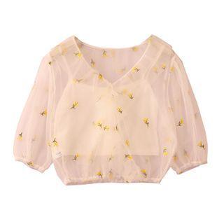 Set: Plain Camisole + Flower Embroidered Short-sleeve Blouse