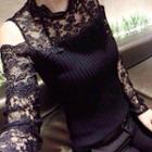 Cold-shoulder Lace Panel Knit Top Black - One Size
