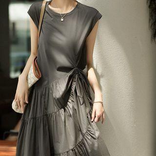Cap-sleeve Asymmetrical Drawstring A-line Dress