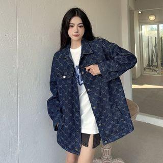 Long-sleeve Heart Pattern Denim Jacket Blue - One Size