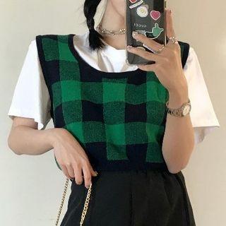 Short-sleeve Plain T-shirt / Plaid Cropped Sweater Vest