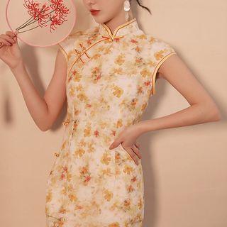 Cap-sleeve Floral Print Midi Qipao Dress