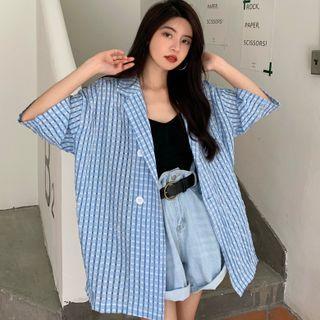 Elbow-sleeve Gingham Shirt Blue - One Size