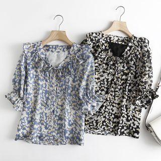 Ruffled Floral Print Elbow Sleeve Blouse