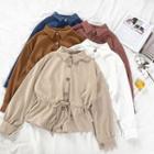 Plain Single-breasted Ruffled-trim Long-sleeve Blouse