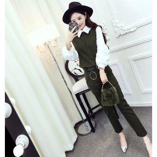 Set: Mock Two-piece Top + Slim-fit Pants