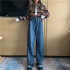 Long-sleeve Striped Polo Shirt / Wide Leg Jeans