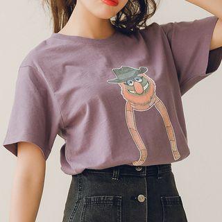 Short-sleeve Cartoon Print T-shirt White - One Size