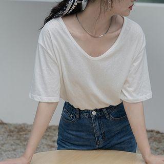 Short Sleeve V-neck Plain Sheer Top