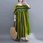 Short-sleeve Striped Midi A-line Dress Stripe - Green - One Size