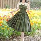 Mock Two-piece Puff-sleeve Frill Trim Midi A-line Dress