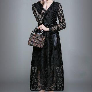 V-neck Long-sleeve Midi A-line Lace Dress