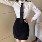 Long-sleeve Shirt With Necktie / Mini Pencil Skirt / Set