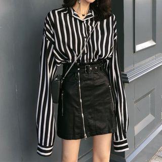 Set: Striped Shirt + Faux Leather A-line Skirt