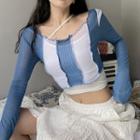 Set: Long-sleeve Color Block Knit Crop Top + Camisole Top Blue - One Size