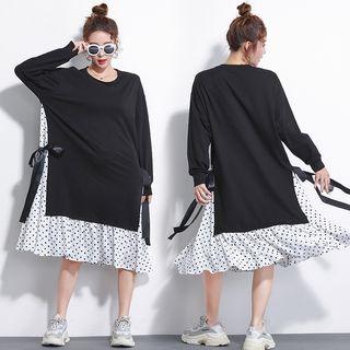 Mock Two-piece Dotted Panel Midi A-line Pullover Dress Black - One Size