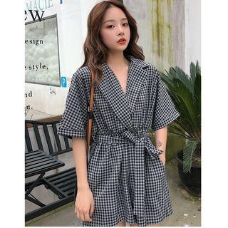 Plaid Elbow Sleeve Wide Leg Playsuit